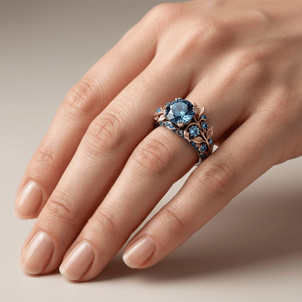 Vintage-Ring Rose & Oliver mit blauem und goldfarbenem Topas, elegante Details aus gealtertem Silber, hervorgehoben im Bild.