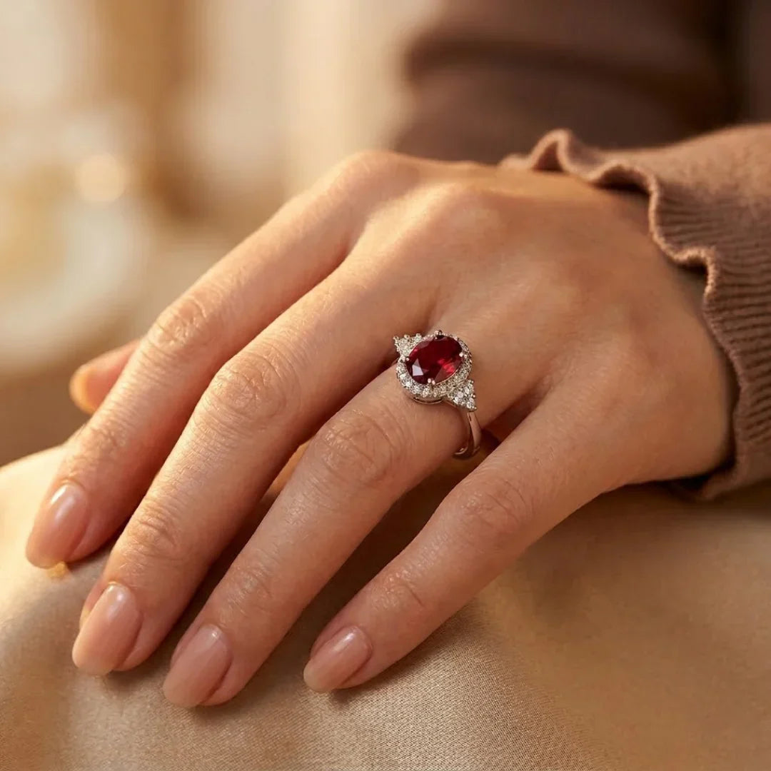 Ring aus Silber mit Rubin-Halo, Schmuckstück der Marke Rose & Oliver, mit eleganten Details und raffiniertem Glanz.