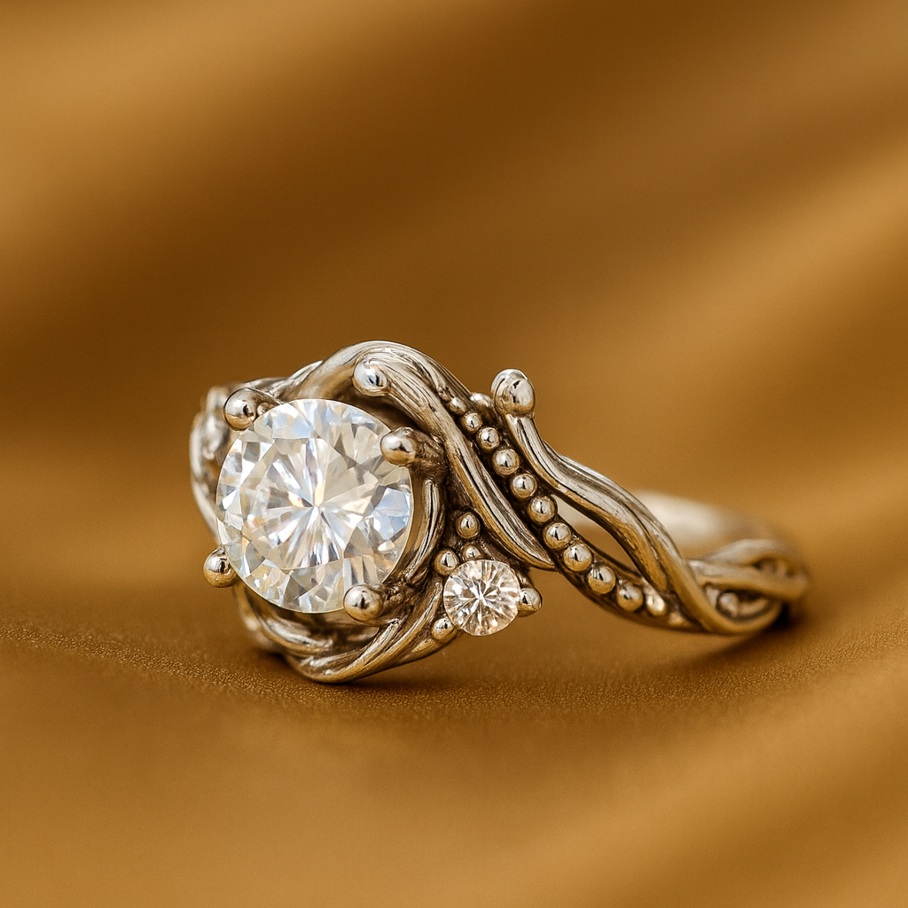 Anillo vintage de plata con rama decorativa y circonias brillantes, de la marca Rose & Oliver.