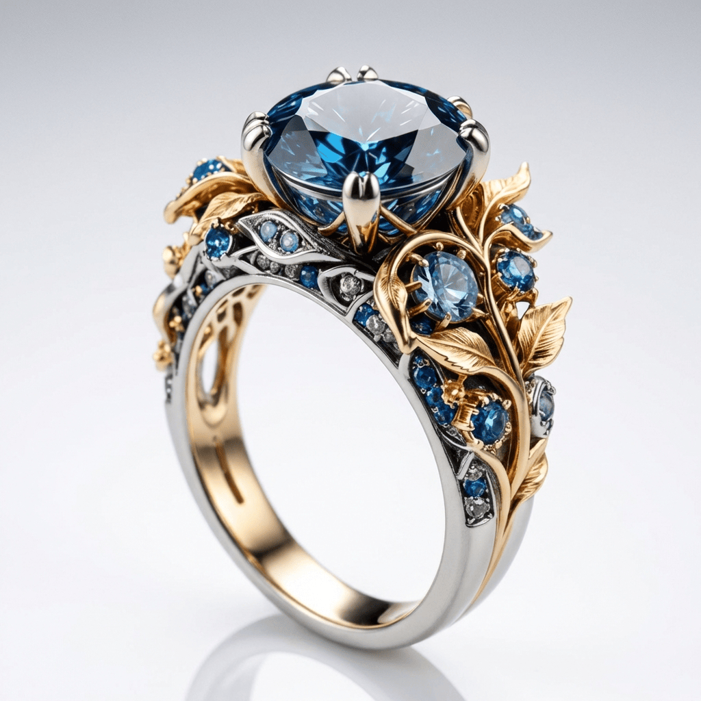 Vintage-Ring Rose & Oliver mit blauem und goldenem Topas, ornamentalen Details und elegantem Finish.