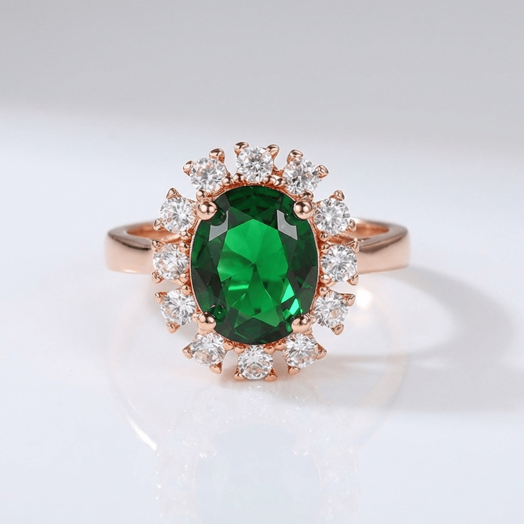 Anel ajustável Rose Gold com diamantes e esmeraldas, design halo elegante da marca Rose & Oliver.