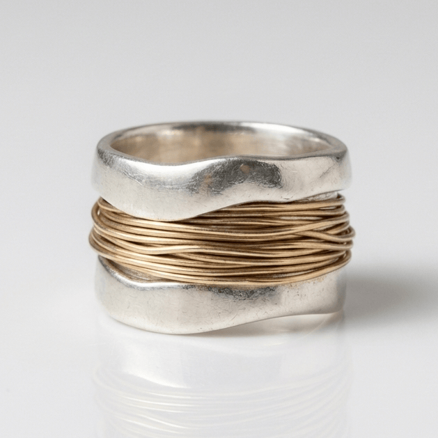 Handgefertigter Ring aus Silber und Gold mit verschlungenen Kabeln, kreiert von der Marke Rose & Oliver, dargestellt auf einem neutralen Hintergrund.