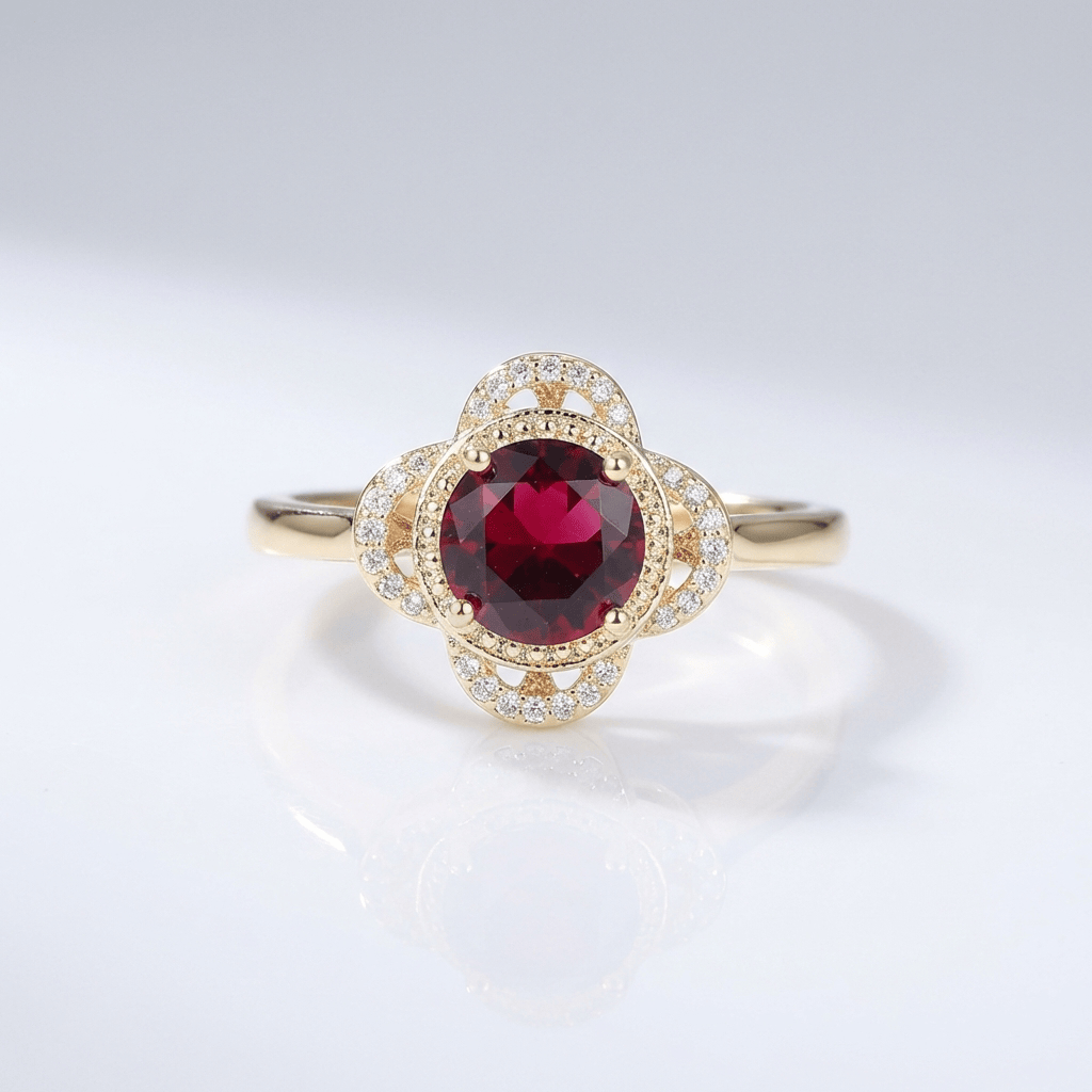 Anel de ouro com rubi, diamantes e halo, da marca Rose & Oliver, exibindo detalhes refinados e brilho elegante.