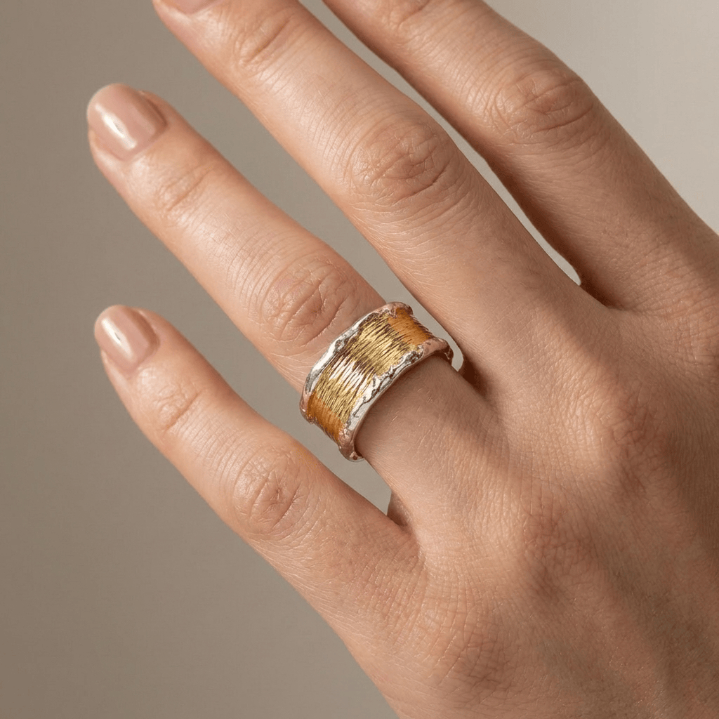 Verstellbarer Ring in zwei Gold- und Silbertönen, handgefertigt von Rose & Oliver, mit elegantem Finish und modernem Design.
