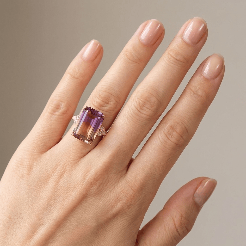 Roségoldring mit Amethyst, elegantes Schmuckstück der Marke Rose & Oliver, das den glänzenden zentralen Stein und feine Details präsentiert.