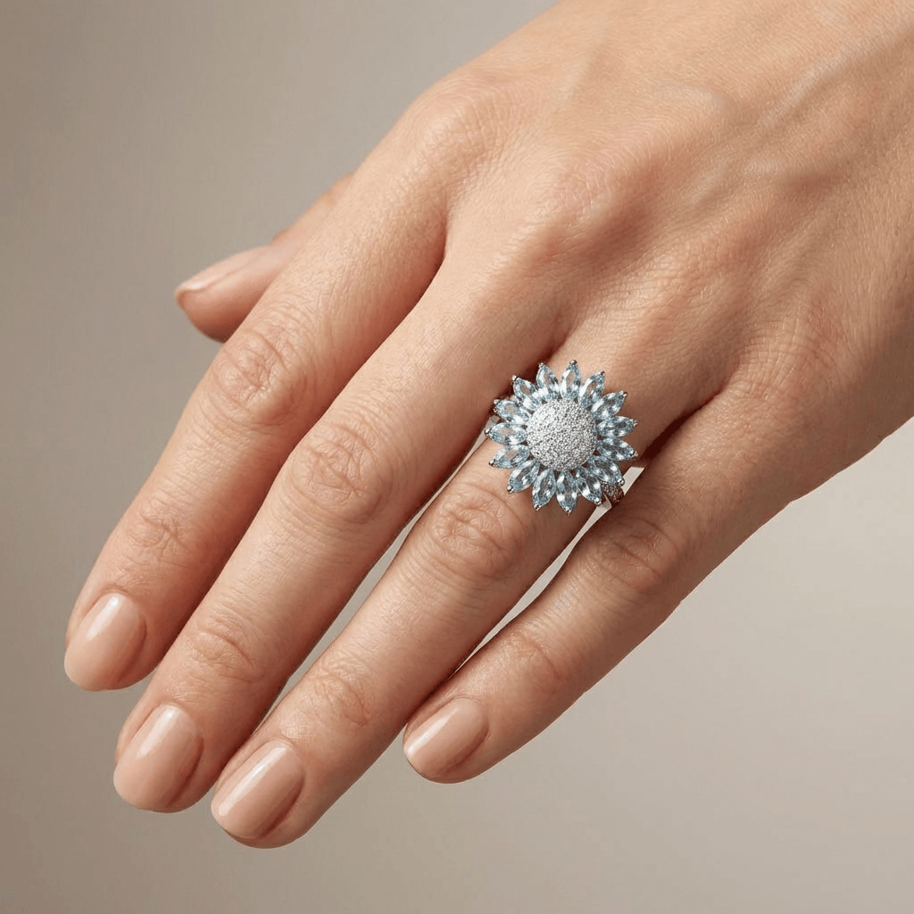 Anillo con flor de topacio azul plateado de Rose & Oliver, destacando la piedra de topacio azul y los detalles florales en la joya.