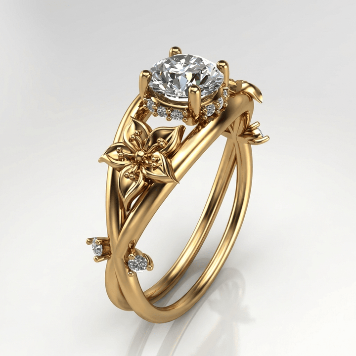 Ring Rose & Oliver mit goldenem Zirkonia in Blumenform, zartes und elegantes Design für besondere Anlässe.