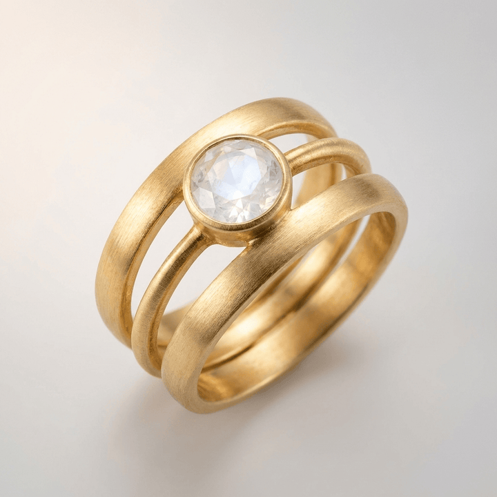 Silberner Ring mit goldenem Mondstein, von der Marke Rose & Oliver, dargestellt in Nahaufnahme mit funkelnden Details.
