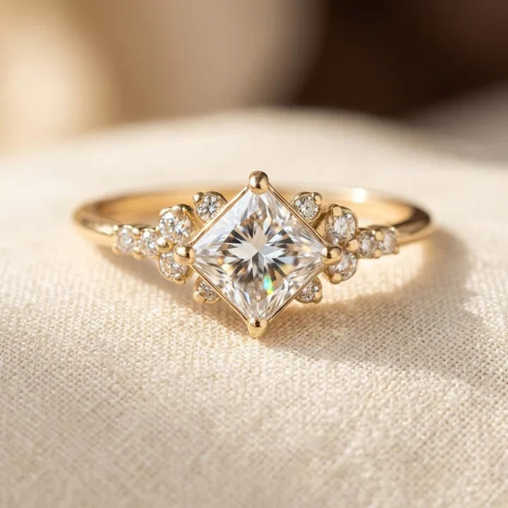 Anillo de oro cuadrado solitaire de Rose & Oliver con diseño elegante y acabado brillante.