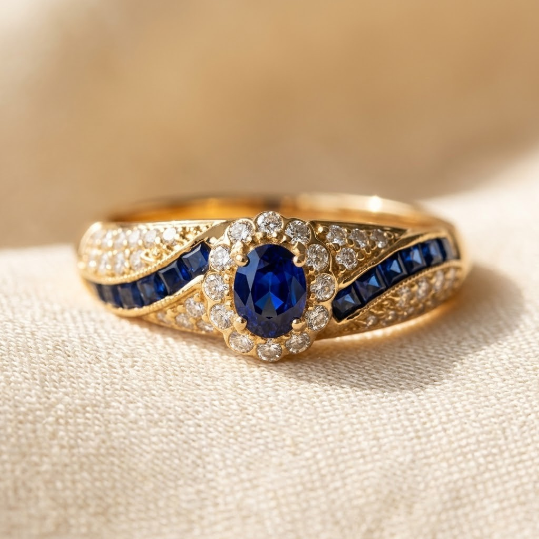 Anel de ouro com safira da Rose & Oliver, design de banda elegante com pedra de safira azul brilhante.
