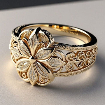 Ring Rose & Oliver mit exotischem goldenen Zirkon und floralen Details, elegante Verarbeitung und glänzende Goldoberfläche.