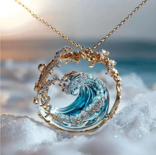 Halskette Ocean's Oath von Rose & Oliver mit Anhänger in Ozeanform, goldfarben, auf neutralem Hintergrund.