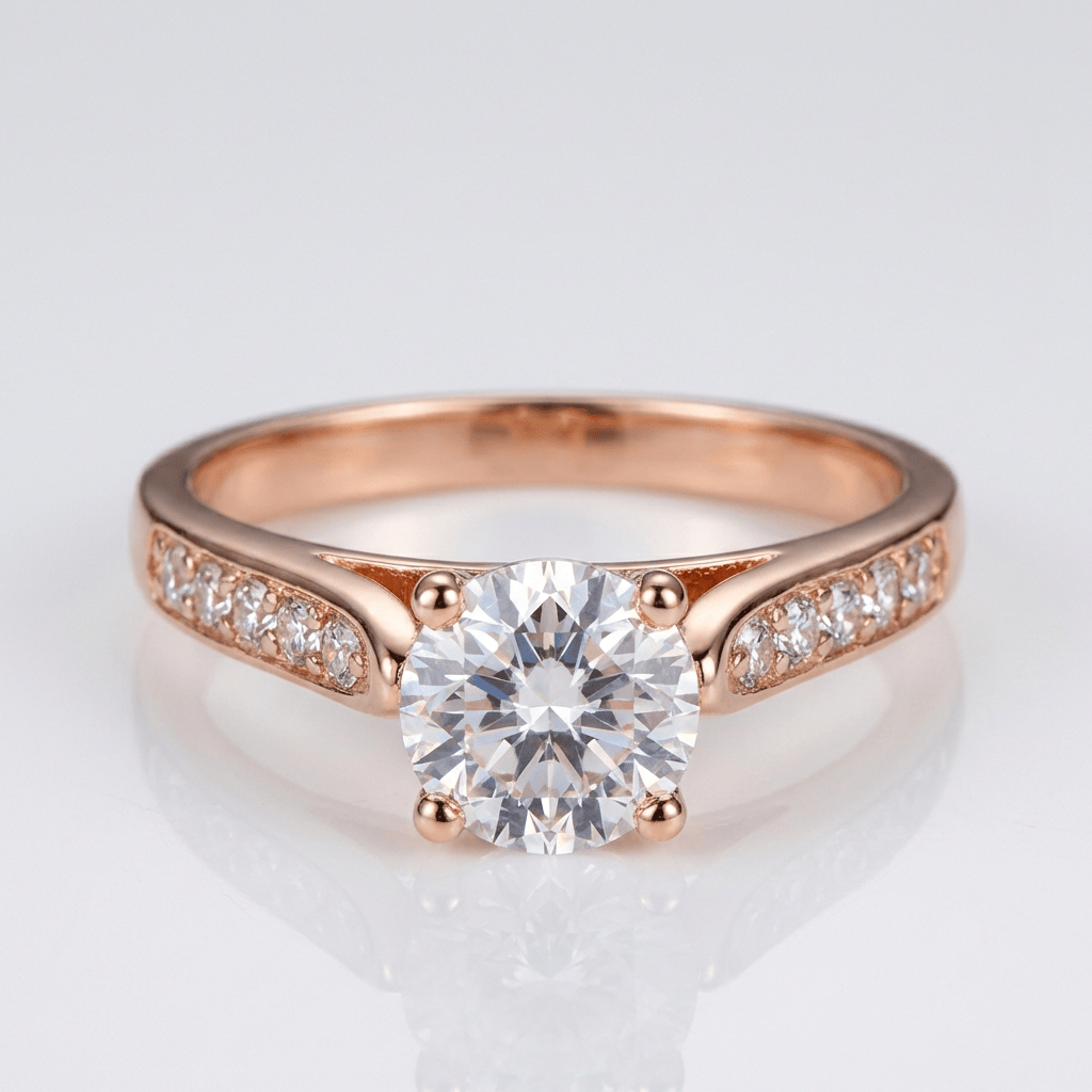 Anel redondo clássico de zirconia na cor ouro rosa, da marca Rose & Oliver, exibido de perfil com detalhes brilhantes