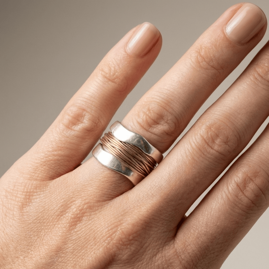 Handgefertigter Ring aus Silber und Gold mit Drahtbindung, von der Marke Rose & Oliver, im Detail abgebildet.